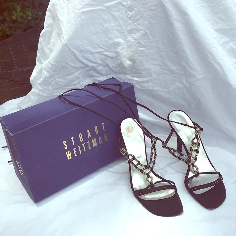 Stuart Weitzman black peaudesoie  evening shoe